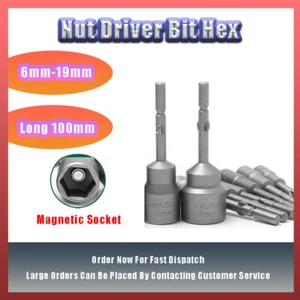 6mm-19mm Tool Steel Chrome Plated Nut Driver Bit Hex Magnetic Socket Long 100mm - Picture 1 of 8