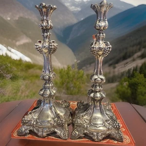 Antique Shabbat Candlesticks Jakubowski & Jarra Poland Judaica 14” SP - Picture 1 of 17
