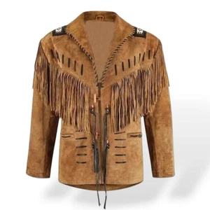 Herren Western Cowboy Wildleder Fransen Jacke Perlen Indianer Lederjacke - Bild 1 von 4