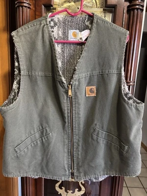 Vintage Carhartt Vest XL Moss Green With Sherpa Print Lining VP166  - Image 1 of 4