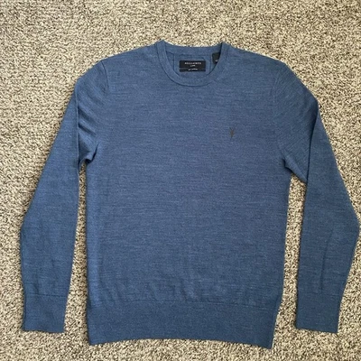 All Saints Sweater Mens Sz L Blue Merino Wool Crew Neck Long Sleeve Lightweight - Image 1 of 4