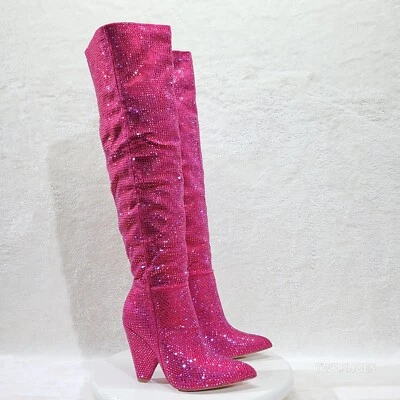 Botas muslo fiesta año nuevo fucsia rosa estrás 4,25" tacón fiesta botas Foto 1 de 4