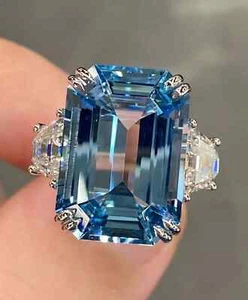 Verlobungsring 8 kt Radiant Cut Lab Created blauer Diamant 14 kt Weißgold plattiert - Bild 1 von 9