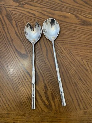Silver Tone Bamboo Handle Salad Tosser Serving Spoon Fork Flatware Set Italy - Image 1 of 2