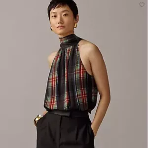 J. Crew Collection Stewart Plaid Halter Top Womens L Black Chiffon Tie Neck NWT - Picture 1 of 12