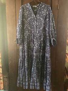 Odd Molly Blue Floral Boho Peasant V Neck Modest Maxi Dress Cotton XL Tiered - Picture 1 of 5
