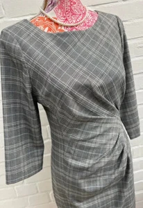 M&S Collection Dress Checked Tailored Grey Mix Ruched Waist UK 10 RRP £45 - Picture 1 of 9