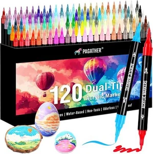 120 Colors Acrylic Paint Markers, Dual Tip Fine Tip and Brush Tip Pens Contain - Picture 1 of 6