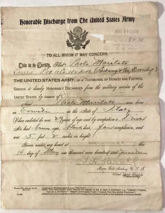 Vintage 1919 WW I United States Army Homorable Discharge Paper Pvt Maritato - Picture 1 of 5