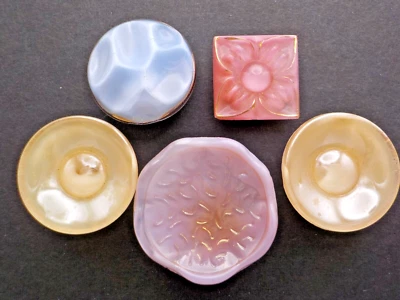 5 Medium Moonglow Buttons 2 Tan, 1 Purple Pattern, 1 Pink Floral, 1 Blue Pattern - Image 1 of 4