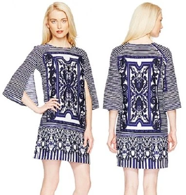 Muse M2154M Blue/White Multi Stripe Floral Chiffon Shift Dress w/Slit Slv - $168 - Image 1 of 4
