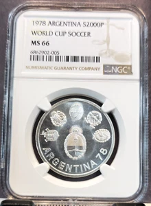 1978 ARGENTINA SILVER 2000 PESOS S2000P WORLD CUP SOCCER NGC MS 66 GEM BU BEAUTY - Picture 1 of 3