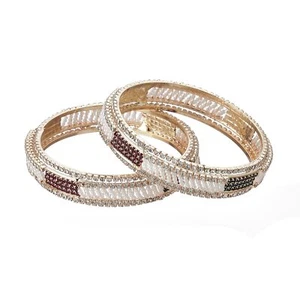Gold Plated Pearl Bracelet Bangles For Women & Girls (2.4) Set of 2 - Picture 1 of 5