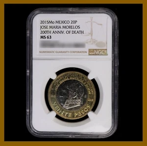Mexico 20 Pesos Coin, 2015 Bimetallic 200th Anni. of Death of Morelos NGC MS 63 - Picture 1 of 2