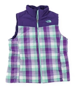 North Face Reversible Puffer Vest Plaid Purple Mint White Girls Large EXCELLENT - Picture 1 of 10