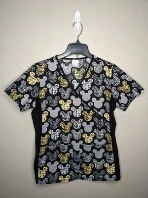 Disney Womens XSmall Black Gray Yellow Mickey Mouse V-Neck Two Pocket Scrub Top - Image 1 of 4
