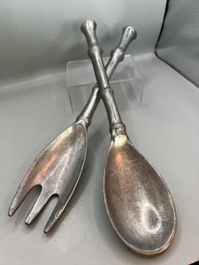 Aluminum Salad Fork & Spoon Bamboo Serving Set 12" Long Excellent Used Condition - Picture 1 of 7