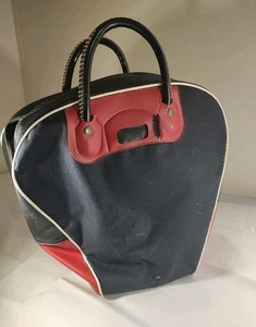 Vintage '1960's Bowling Bag Black & Red Vinyl Western Stitched Vinyl Handles - Picture 1 of 11