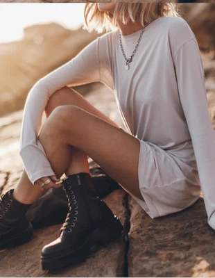 EUC! MIKUTA The Light LONG SLEEVE Dress L Grey Beige Lyocell and Cotton - Image 1 of 4