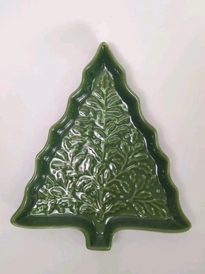 Hallmark Serving Dish  Green Christmas Tree Embossed Stoneware Size 10 1/2" X 9" - Image 1 of 4