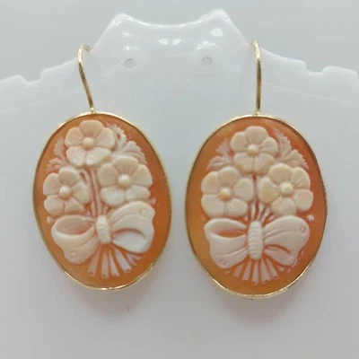 Hand-Carved Floral Cameo Earrings – Gold-Plated Silver, Secure Hook Closure - Image 1 of 4