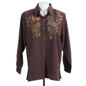 Neu mit Etikett Bob Mackie Wearable Art Vintage Top L braun Blumen bestickt Knopf Bluse - Bild 1 von 9
