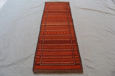 Alfombra de lana geométrica tribal vintage afgana Kilim Runner - rayas rojas y naranjas. Foto 1 de 4