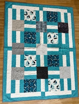 New Patchwork Quilt (Teal Nautical) Throw Blanket Handmade Machine Stitched - Image 1 of 4