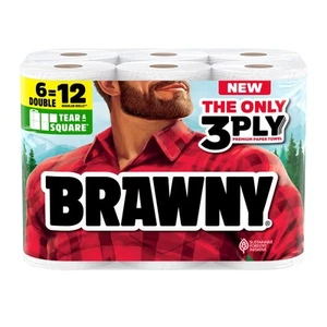 Toallas de papel Brawny Tear-A-Square de 3 capas, 6 rollos dobles = 12 rollos regulares, S... - Imagen 1 de 9