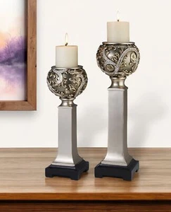 Set of Two Silver Polyresin Filigree Tabletop Pillar Candle Holders With Candle - Picture 1 of 5