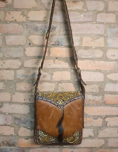 Women's Boho Style Leather & Fur Shoulder Bag Brown Designer Vtg Antique Style