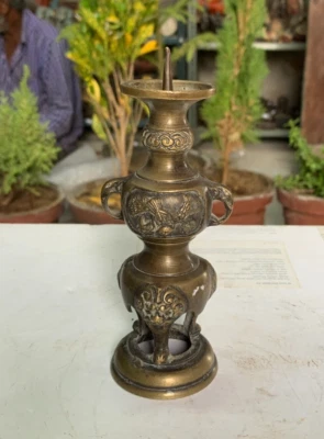 Rare Vintage Solid Brass Candle Holder w/ Carved Elephant Head Crests & Herons - Image 1 of 4