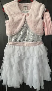 Girls Jona Michelle Dress With Faux Fur Shawl Size 12 Pink White Silver - Picture 1 of 15