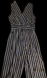 Monteau Striped Jumpsuit / Romper  Navy Blue White Women's M Wide Leg W/belt