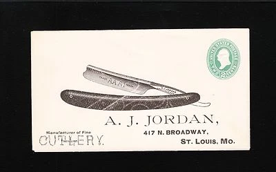 Preprint Illustrated Straight Razor Cutlery A Jordan St. Louis Unused PSE 5z  - Image 1 of 2