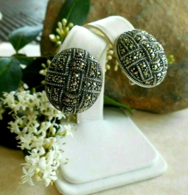 Judith Jack 纯银 Marcasite 椭圆形篮子编织法国夹式耳环 40A2 — 第 1/4 张图片