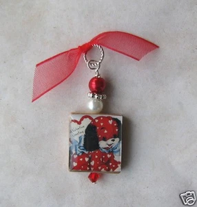 Valentine Puppy Pendant Love Red Hearts Polka Dot Cute Dog Doggy VTG Art Charm - Picture 1 of 1