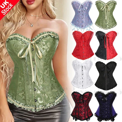 Size 6-24 Women Boned Lace Up Burlesque Basque Overbust Black Corset Top Costume - Image 1 of 4