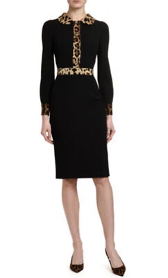 G2U Dolce  Gabbana Long sleeve black with Leopard Trim Cady Dress size 42 US 46 - Image 1 of 4