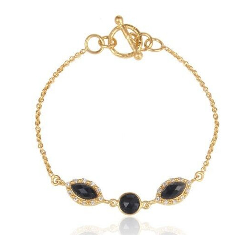 VALENTINO Bracciale Pietra Collegata Placcato Oro 18k Tre Con Pietra Preziosa Onice Nero Marquise