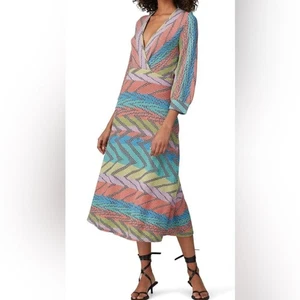 Aldo Martins Multicolor zigzag crossover dress colorful bamboo 12 puff sleeve - Picture 1 of 15