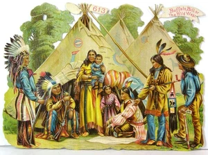1880s BUFFALO BILLS WILD WEST LARGE EMBOSSED DIE CUT SCRAP TOY INDIAN VILLAGE - Picture 1 of 4