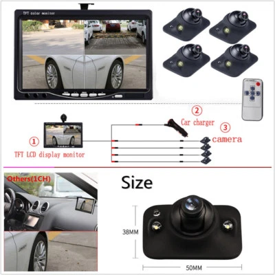 7" LCD Car Reversing HD Monitor 4 Split Screen 4 AV Input+170° Adjustable Camera - Image 1 of 4