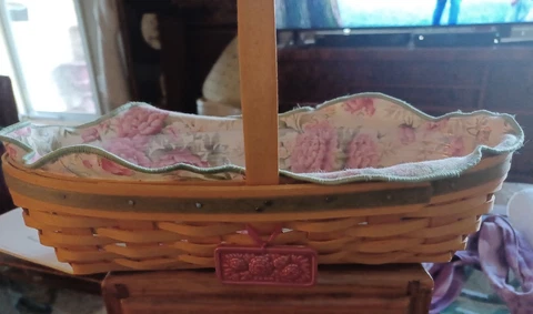VTG Longaberger Basket "Peony" Liner☆Plastic Liner☆Ceramic Medallion Cover