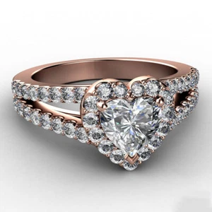 Anillo de compromiso de boda con halo de diamantes y corazón de 2 quilates acabado en oro rosa de 14 quilates - Imagen 1 de 7