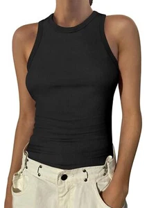 Womens Sleeveless High Neck Tank Tops Fashion Summer Casual Basic Slim Fit Ri... - Picture 1 of 7