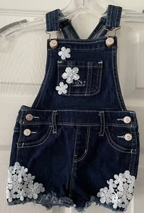 Jordache Girls Blue Floral Embroidered Denim Romper Jean Shorts Size 2T Overalls - Picture 1 of 6
