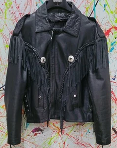 Giacca da motociclista vintage da uomo SHAF in pelle nera accenti con frange e conchiglie taglia 50 - Foto 1 di 9
