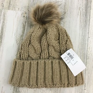 Old Navy Tan Cable Knit Faux Fur Pom Pom Beanie Hat Girls L XL NWT - Picture 1 of 5