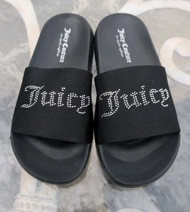Sz 7 Juicy Couture Slide Sandals Womens Flats Black Silver Rhinestone Bling Logo - Imagen 1 de 9